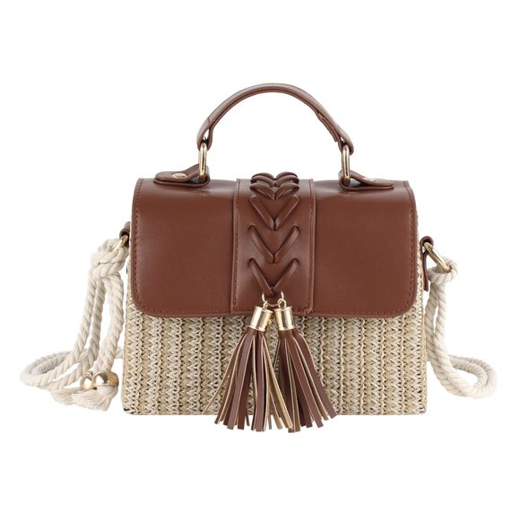 Mеуаuѕ Handbags - Mini Braided Tassels Straw Woven Cross-Body Bag Pu Leather Flap B)